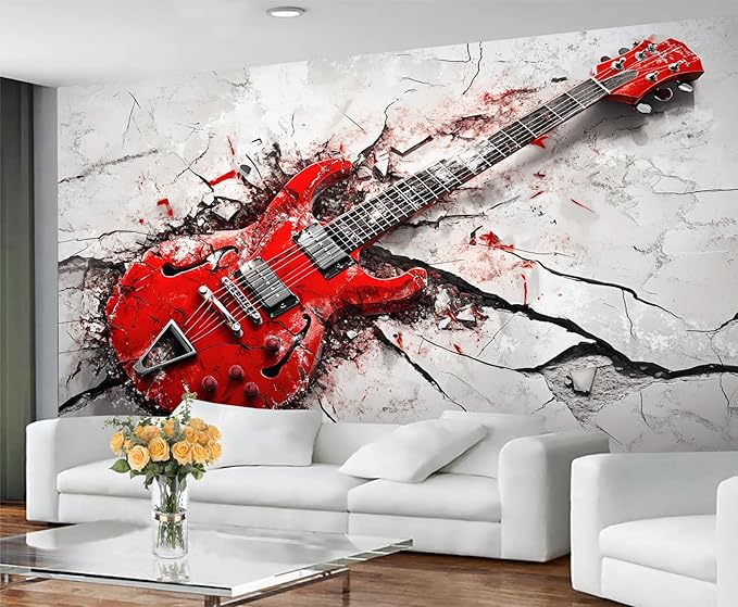 Red Electric Guitar Wall Mural, Grunge Style Guitar 3D Wall Murals, Rock Music 3D Explosion Wallpaper Mural, for Living Room Bedroom Large Wallpaper Indoor Decor 169.3" W x118.2 H