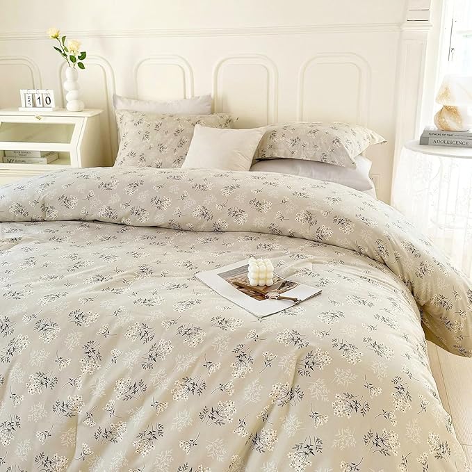 Beige Comforter Set Queen Garden Flower Comforter with 2 Pillow Shams Aesthetic Botanical Bedding Set Boho Floral Comforter Set 90x90 Inch