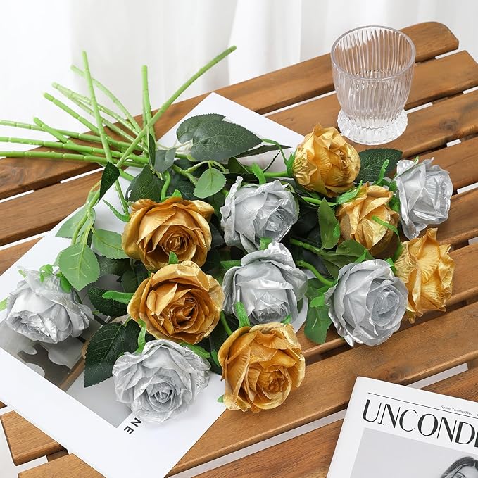 Tifuly Roses Artificial Flowers - 12 pcs Realistic Long Stems Fake Roses Mashup Style Silk Flowers for DIY Bouquets Wedding Centerpieces Arrangements Home Party Decor（Gold & Sliver）