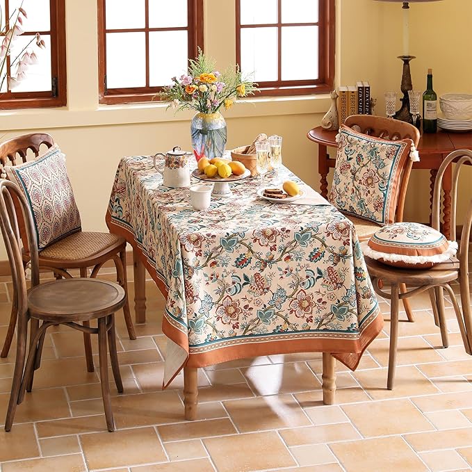 Linen Colorful Floral Small Rectangle Tablecloth,Vintage Indian Colorfast Block Print Table Cloth,Decor Table Cover for Kitchen,Dining,Party,Thanksgiving,Christmas,55"*71"-Mangala