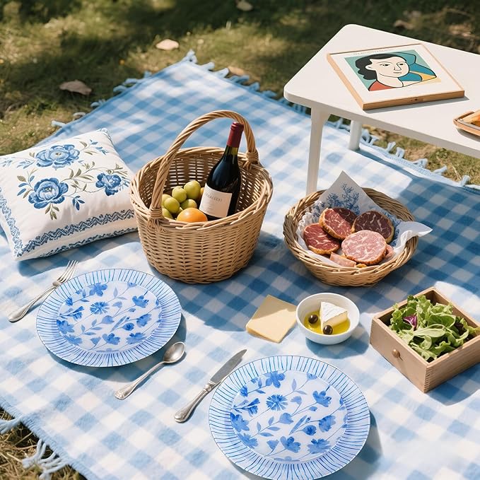 U-QE 20Pcs Blue Plastic Plates - Botanical Stripes Hanukkah Plates Disposable Heavy Duty, Fancy Floral Pattern Perfect for Hanukkah, Tea Parties, Holidays - 10.25" Dinner & 7.5" Dessert Plate