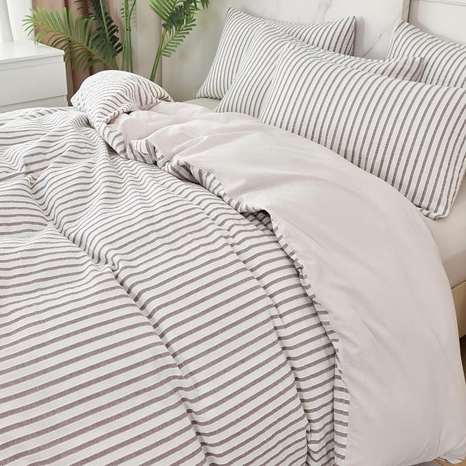King Grey Duvet Cover Striped Washed Microfiber Jacquard 3 Pieces Bedding Set, Grey White Vertical Ticking Stripes Pattern Comforter Cover with Zipper Closure Breathable Durable Soft Comfy