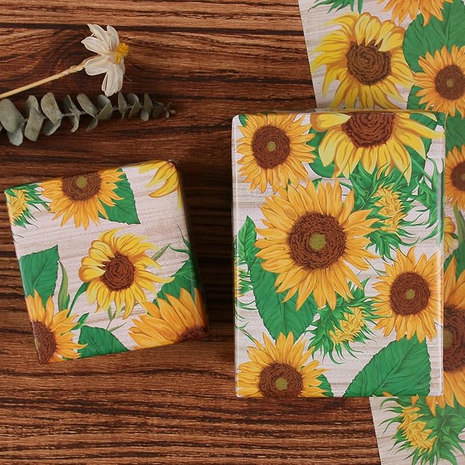 Aimyoo Sunflower Floral Wrapping Paper Roll 17 in x 10 ft, Yellow Flower Gift Wrap for Wedding Bridal Shower Women Birthday