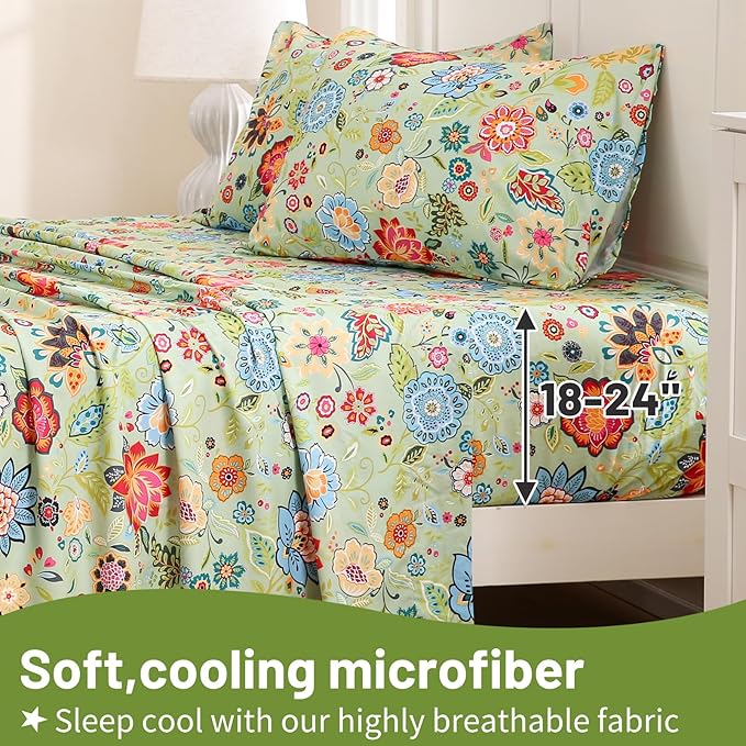 Bedlifes King Size Extra Deep Pocket Sheet Sets - Fits Mattresses Up to 18-24" Thick, 4-Piece Microfiber Set with 1800 Thread Count, Soft, Smooth, Breathable, Featuring Floral Sage Green