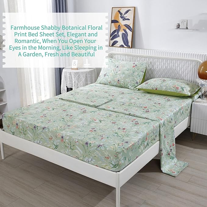 RYNGHIPY Shabby Flowers Print Bed Sheet Collections Egyptian Cotton Garden Floral Sheets (Green Floral,Queen Size)