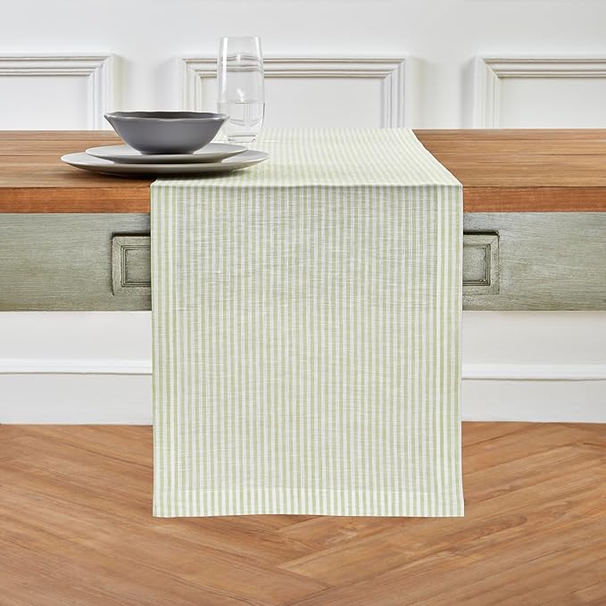 Solino Home Linen Table Runner 108 Inches Long - Narrow Stripe, 100% Pure Linen Sage and White Table Runner 14 x 108 Inch for Dining, Spring, St Patricks Day, Easter