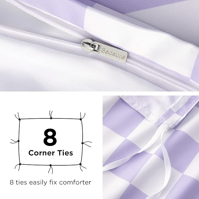 Bedsure Duvet Cover Queen Size - Reversible Checkered Duvet Cover Set with Zipper Closure, 3 Pieces Purple Bedding Set with 8 Corner Ties and 2 Pillow Shams 20"x26"
