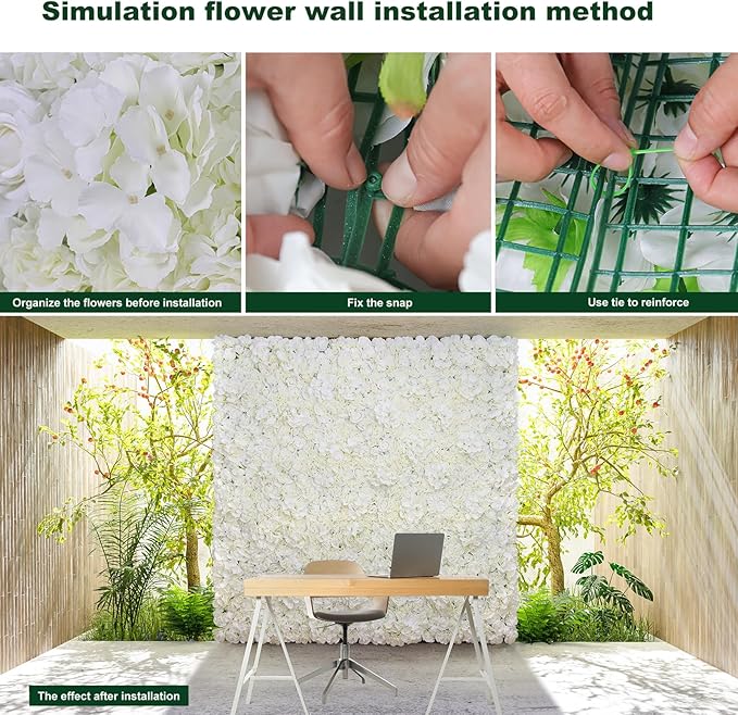 Silk Flower Wall Panels Backdrop 15 * 15inch- 12Pcs Wedding Wall DIY 3D Floral Panels Handmade Fake Flower Screen for Photo Photography Party Event Baby Shower Wall Background Décor-White