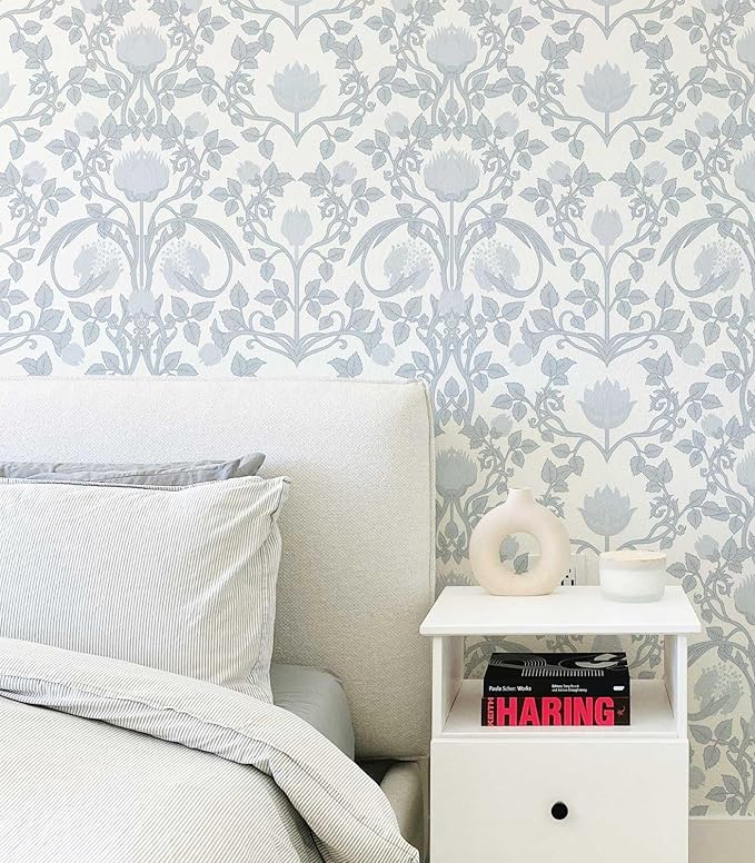 17.3"×78.7" Blue Floral Peel and Stick Wallpaper, Damask Vintage Wallpaper for Bedroom Bathroom Self Adhesive Removable