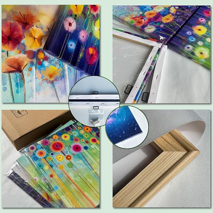 Colorful Flowers Canvas Wall Art, Floral Artwork Painting Prints ModernBathroom Pictures Framed for Living Room Bedroom Office Home Decor - 16"x16"x4 panel