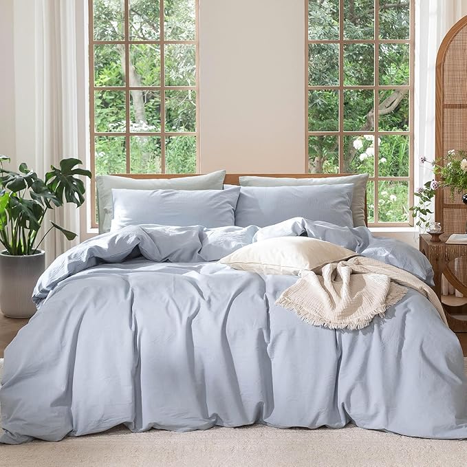 MooMee Bedding Duvet Cover Set 100% Washed Cotton Linen Like Textured Breathable Durable Soft Comfy (Heathered Cornflower Blue, Alaska King 132"x120")