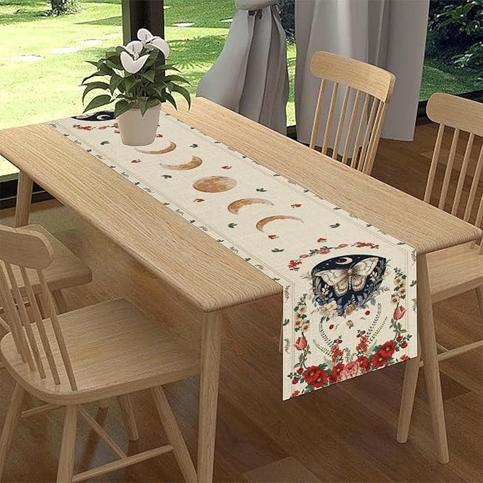 Gothic Moth Table Runner, Boho Floral Gothic Sun Moon Phase Mystical Witchy Starlight Coffee Table Center Decor for Home Kitchen Dining Patio Holiday Party Table Decorations 13x36 inches
