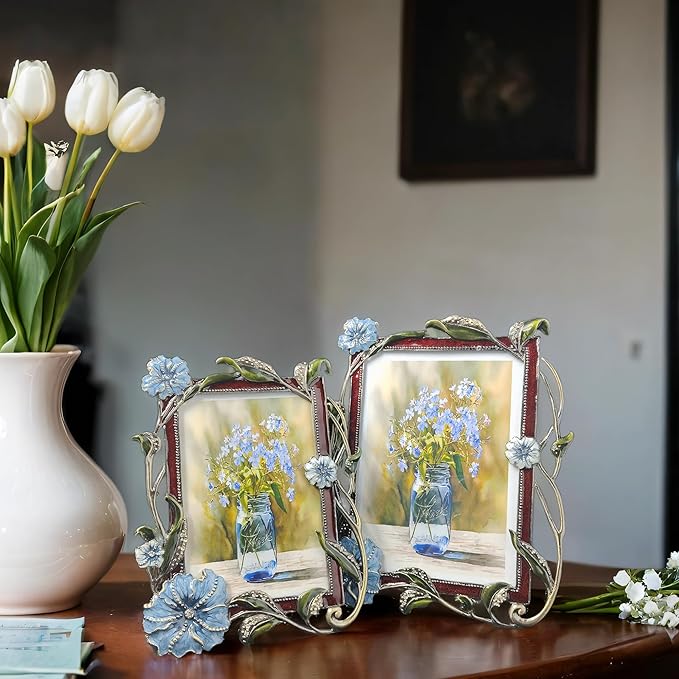 Vintage Floral Picture Frames Luxury Unique Ornate Antique Metal Photo Frame of HD Glass for Tabletop/Wall Display Gifts for Women (Blue Flowers, 4X6)