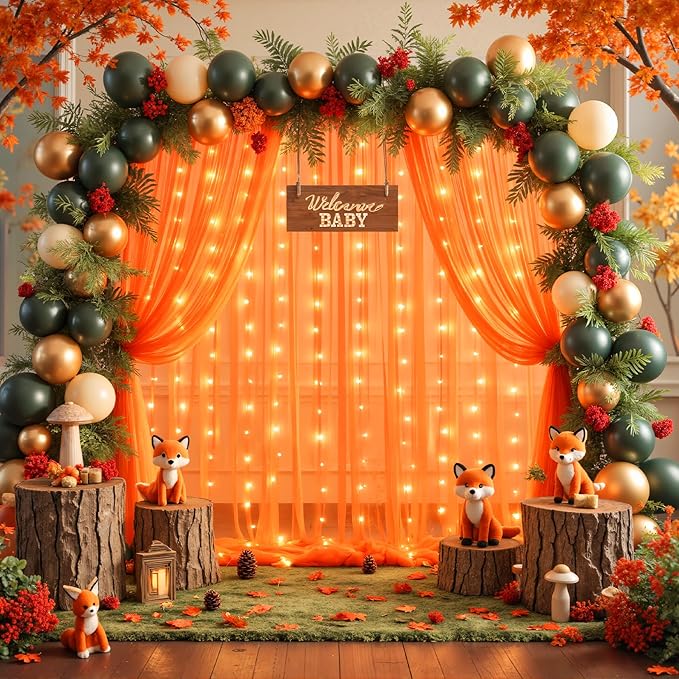 10ft x 8ft Orange Tulle Photo Backdrop Curtain with Lights String for Halloween Party Orange Sheer Curtain Backdrop Drapes for Birthday Party Wedding Photo Booth Background Home Room Decorations