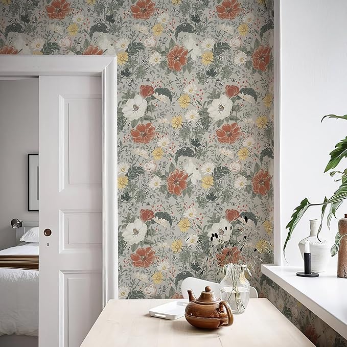 Simon&Siff Vintage Wallpaper Peel and Stick Modern Floral Wall Paper Farmhouse Botanical Contact Paper Removable Renter Friendly Wallpaper for Cabinets Countertop Wall 200" x 17.3"