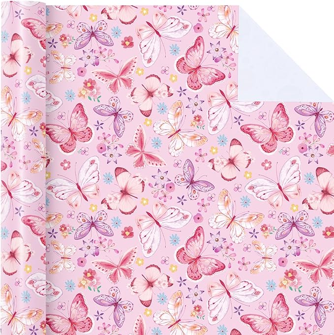WRAPAHOLIC Pink Butterfly Wrapping Paper Roll - Mini Roll - 17 Inch x 33 Feet - Fantasy Floral Butterfly Design, Perfect for Birthday, Wedding, Bridal Shower