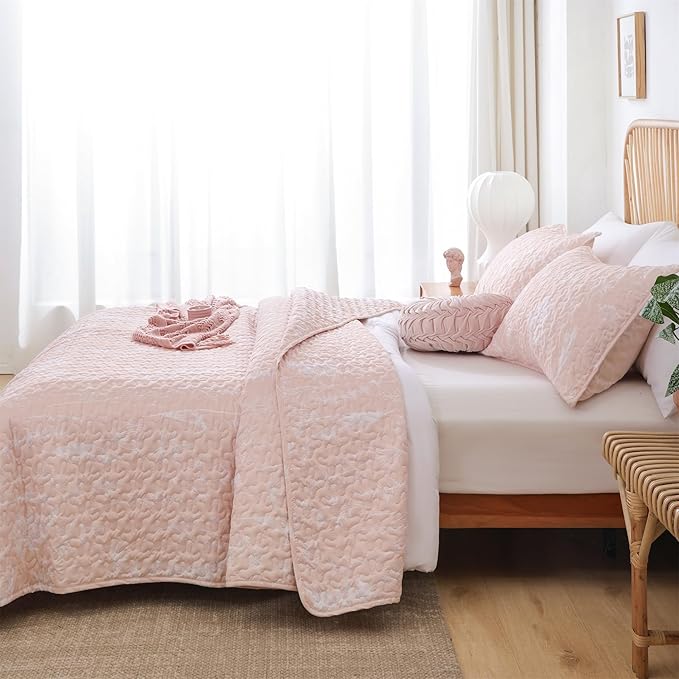 JANZAA Quilt King Size Blush Quilt Botanical with Floral Pattern Microfiber Bedspreads King Size 3 Pieces Lightweight Comforter Reversible Bedding Set with 2 Pillowcases