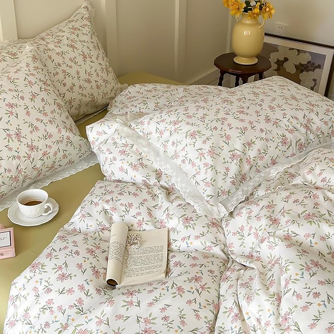 Girls Floral Ruffle Bedding Pink Flower Duvet Cover Queen Romantic Princess Lace Comforter Cover Cotton Boho Floral Duvet Cover Cute Botanical Flower Comforter Cover Ruffled Cottagecore Bedding Set