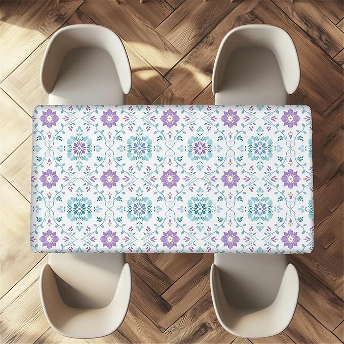 Rectangle Table Cloth Cover Waterproof Elastic Fitted Polyester Fitted Tablecloths for 6 Foot Tables for Indoor,Picnic, Camping, Outdoor （60" x 30"，Geometric Flowers）