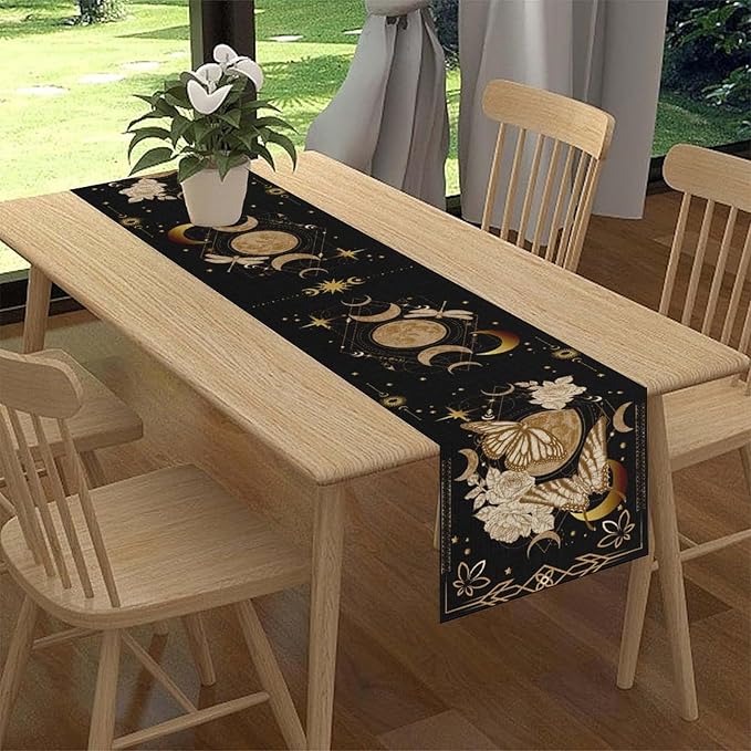 Gothic Moth Table Runner, Boho Floral Gothic Sun Moon Phase Mystical Witchy Starlight Coffee Table Center Decor for Home Kitchen Dining Patio Holiday Party Table Decorations 13x72 inches