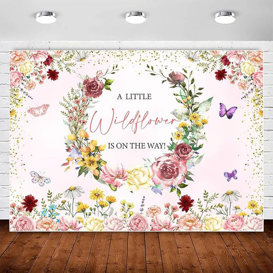 InMemory Wildflower Baby Shower Backdrop Banner Pink Floral Party Decorations for Girls,A Little Wildflower is On The Way Background Wild flower Theme Baby Shower Party Supplies Photoshoot Props 5x3ft