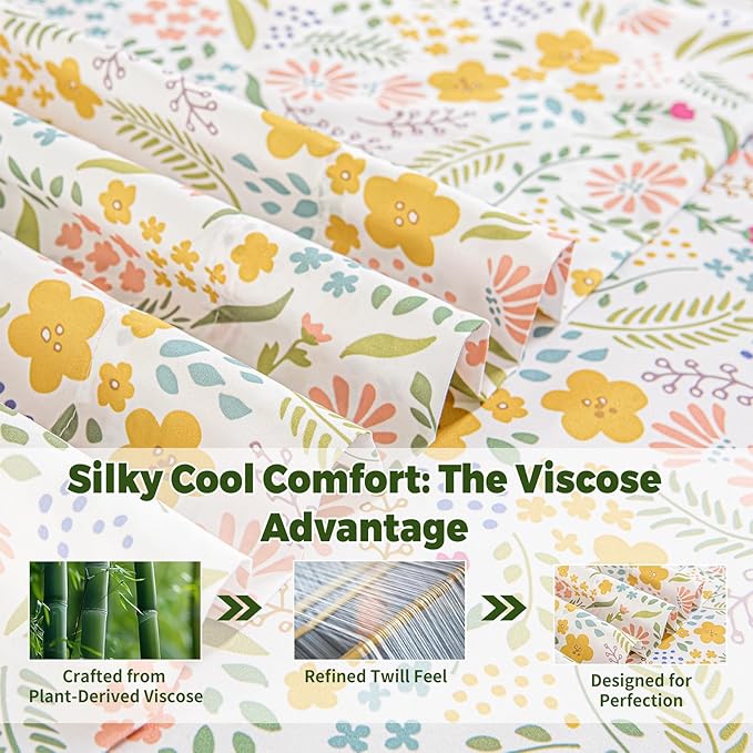 Bedlifes Extra Deep Pocket 18-24" King 4-Piece Sheet Set - Cooling Sheets Blend Rayon Derived from Bamboo Soft & Breathable,Featuring Floral