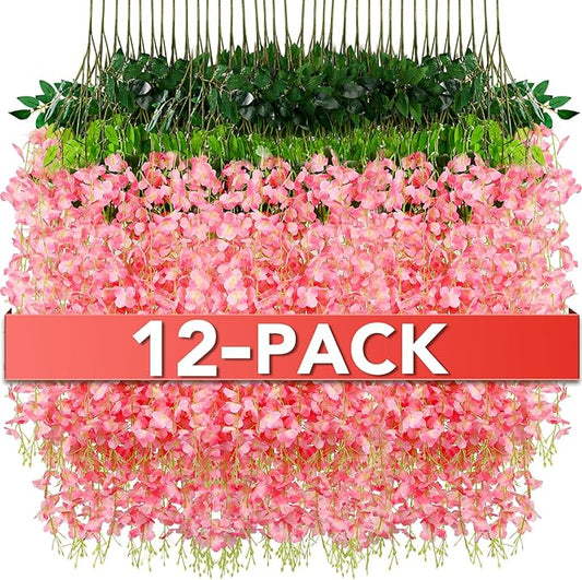 Wisteria Hanging Flowers,Fake Hanging Flowers,Wisteria artificiales Garland for Home Wedding Arch Floral Party Garden Ceremony Outdoor Decor,3.6 feet Long(12,Pink)