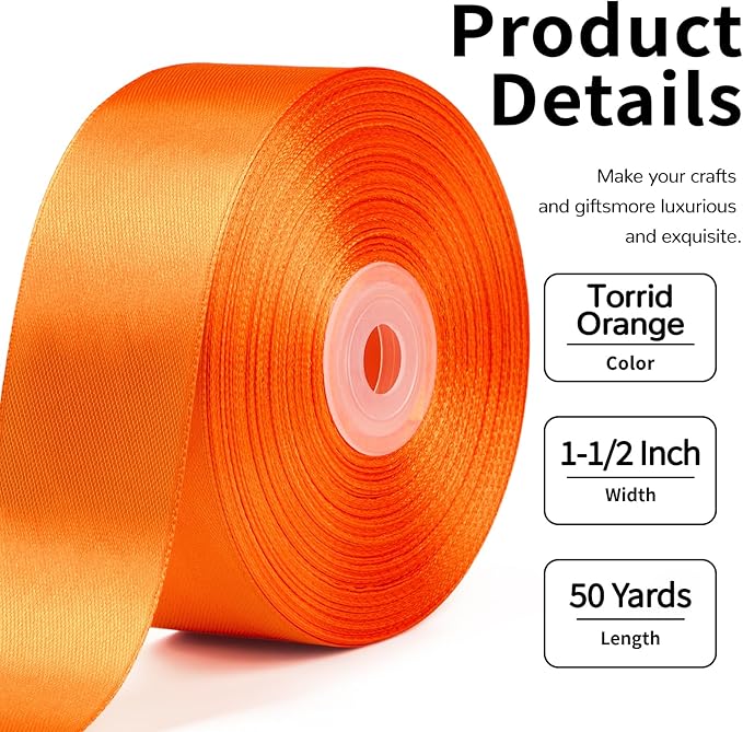 1-1/2 Inch Wide Torrid Orange Satin Ribbon, 50 Yards Solid Polyester Fabric Ribbon for Roses Making, Gift Wrapping, Christmas, Wedding Decorations, Crafts, Bows, Flower Bouquets