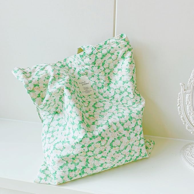 Cotton Canvas Tote Bag Reusable Soft Grocery Cloth Bag Floral Shoulder Bag for Beach Travel Shopping