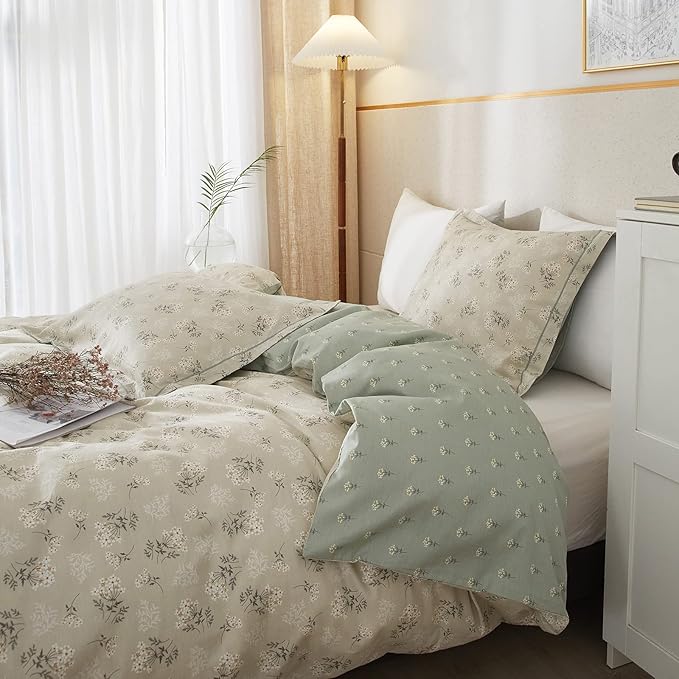 EAVD Boho Floral Duvet Cover King Beige 100% Cotton Chic Shabby Garden Floral Pattern Aesthetic Bedding Set with 2 Pillowcases Reversible Green Floral Botanical Duvet Cover with Zipper Closure