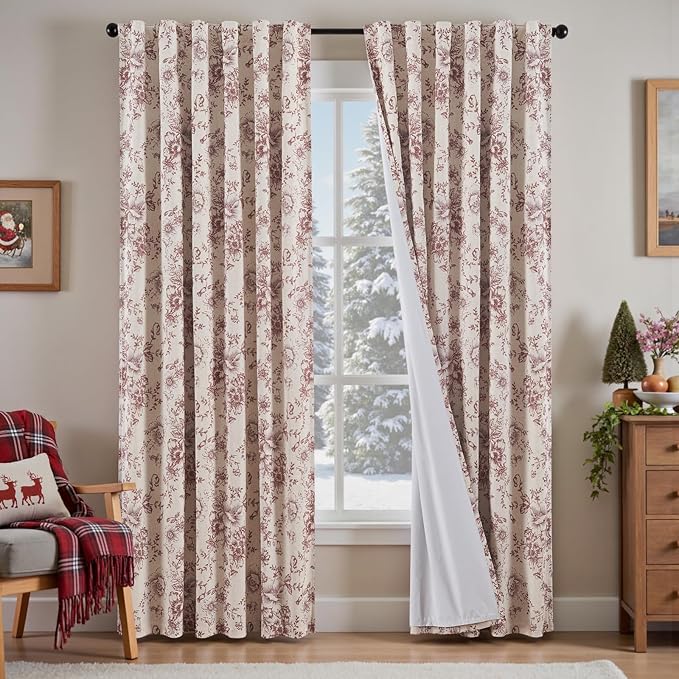 jinchan Blackout Floral Curtains Linen Blend Curtain for Living Room 90 Inch Length Christmas Brick Red Flower Printed Drapes for Bedroom Rod Pocket Back Tab Farmhouse Curtains Set 2 Panels