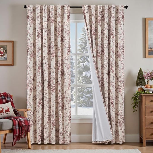 jinchan Blackout Floral Curtains Linen Blend Curtain for Living Room 90 Inch Length Christmas Brick Red Flower Printed Drapes for Bedroom Rod Pocket Back Tab Farmhouse Curtains Set 2 Panels