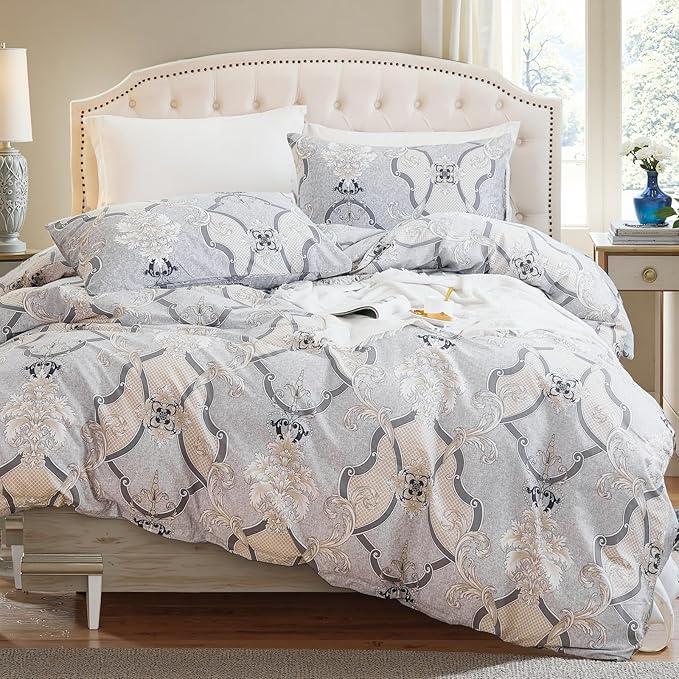 100% Natural Cotton Duvet Cover Set Queen 3 Pcs Grayish Duvet Cover with Luxurious Damask Pattern, Reversible Breathable Soft Comforter Cover Sets with Zipper Closure All Season