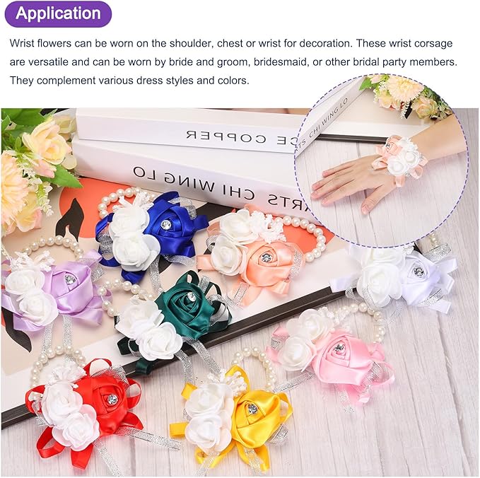 MECCANIXITY 3Pcs Wrist Corsage Artificial Flower Bracelets Rose Wrist Bride Groom Decorative for Wedding Ceremony Prom Party Anniversary Dark Green