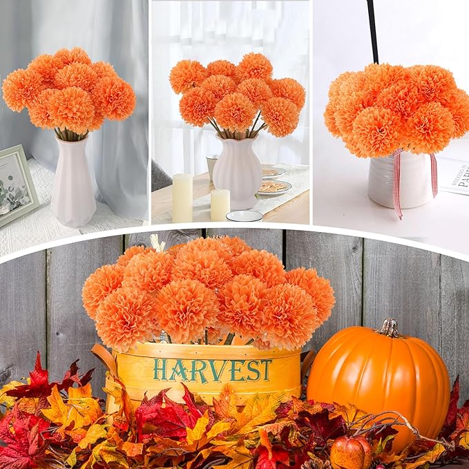 12 Pcs Artificial Chrysanthemums Fall Flowers Silk Orange Marigolds Flowers Fake Mums Flower for Autumn Dia de Los Muertos Diwali Day of The Dead Home Decor (12, Orange)