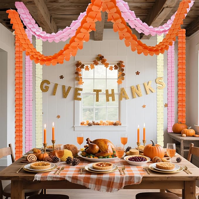 12Pcs Pink and Orange Fall Party Decorations, Hanging Paper Streamers Garland for Office Home Indoor Girls Women Birthday Sunset Thanksgiving Friendsgiving Bridal Wedding Baby Shower Backdrop Decor
