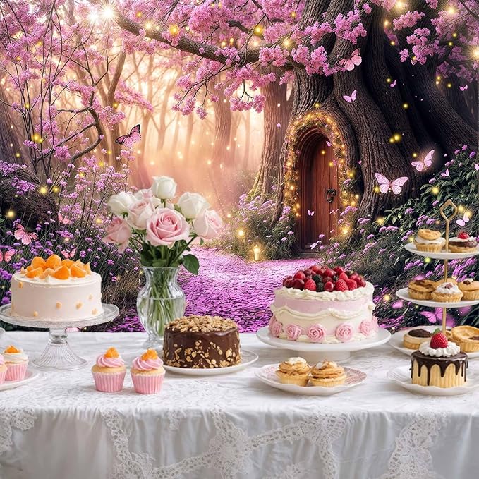 20X10ft Enchanted Forest Backdrop Fairy Tale Purple Garden Wonderland Tree House Floral Background for Kids Girl Baby Shower Birthday Party Decoration Banner Cake Table Photo Booth Props