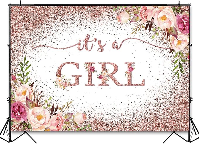 Avezano Rose Gold Baby Shower Backdrop for Girls Party Blush Pink Floral It's a Girl Photography Background Glitters Confetti Decoration Photoshoot Events Banner (7x5ft)