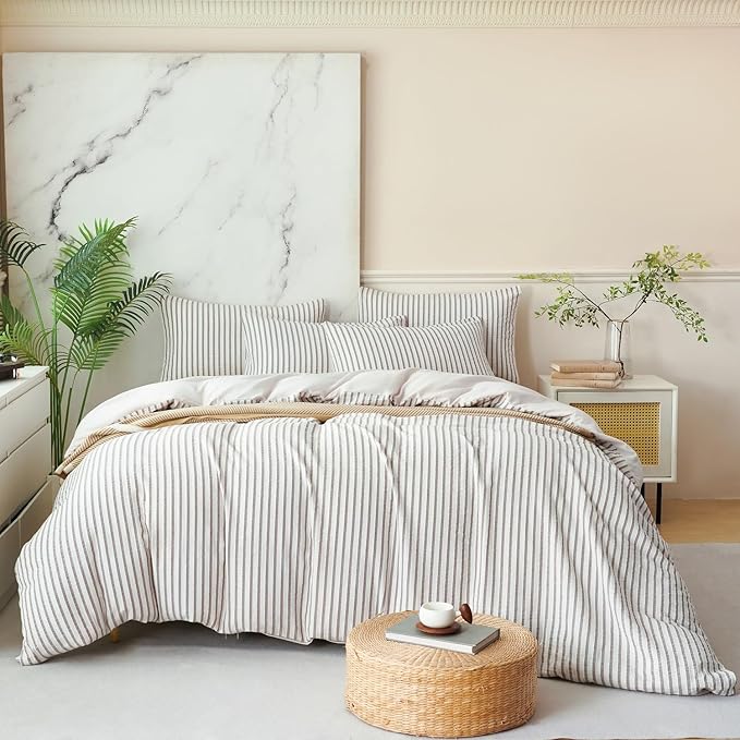 King Grey Duvet Cover Striped Washed Microfiber Jacquard 3 Pieces Bedding Set, Grey White Vertical Ticking Stripes Pattern Comforter Cover with Zipper Closure Breathable Durable Soft Comfy