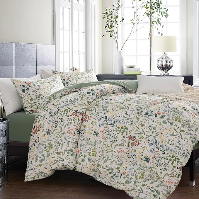 Floral Comforter Set Queen Soft Bedding Comforter Set 3 Pieces Garden Style Green Red Flower Print Botanical Flowers Comforter Set for All Seasons 1 Comforter and 2 Pillowcases (Floral, Queen)