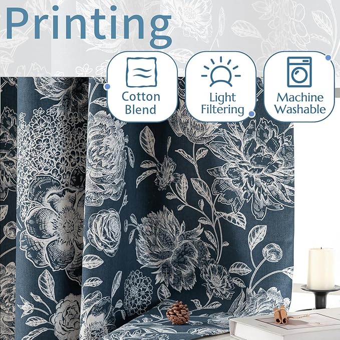Pattern Blackout Curtains Blue Peony Print - Vintage Curtains for Bedroom Living Room, Floral Blackout Curtains Cotton Blend, Light Blocking Patterned Curtains, 52" W x 84" L