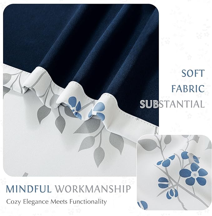 Beauoop Floral 100% Blackout Curtains 63 Inch Length 2 Panels for Bedroom Living Room Blue Grey and White Flower Patterned Room Darkening Thermal Soundproof Grommet Window Treatments Drapes, 52X63