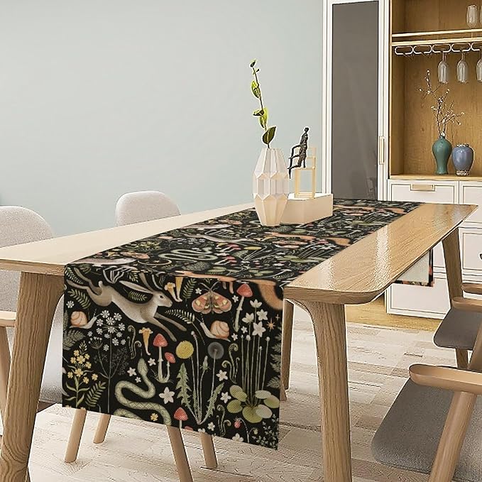 Farmhouse Forest Table Runner, Fairy Tale Woodland Wild Animals Moths Owl Snake Flowers Mushroom Kitchen Dining Table Runners for Indoor Outdoor Home Party Holiday Decor, 13x36inch