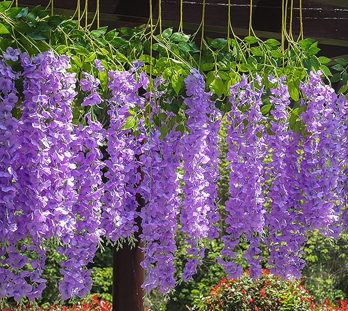 Artificial Wisteria Hanging Flowers-Fake Wisteria Flower Garland Silk Vines Rattan Decor for Home Wedding Arch Wall Garden Greenery Bedroom Outdoor Office Party Decoration (24, Purple)