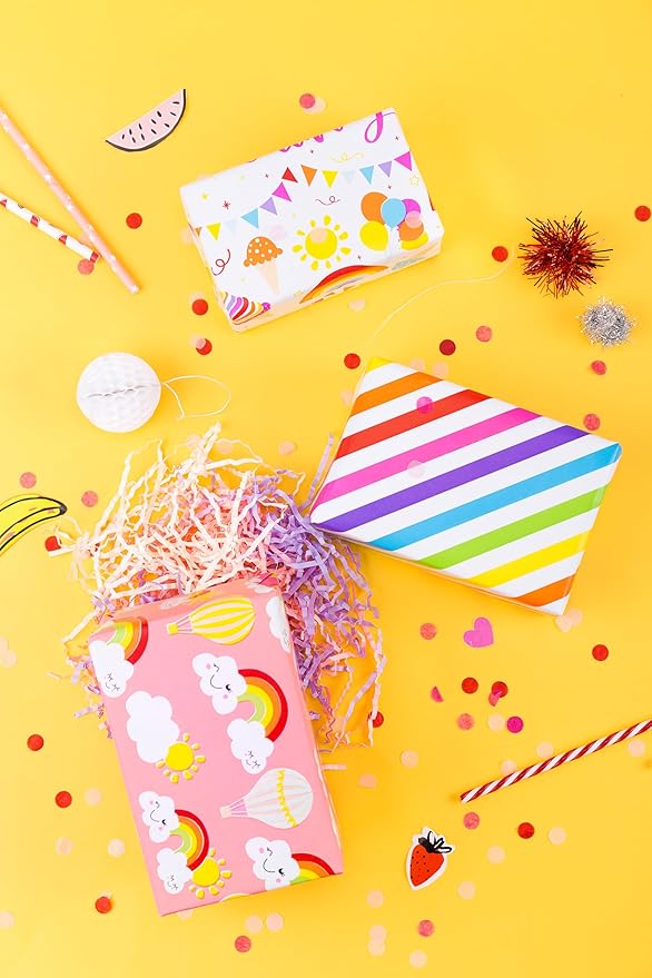 WRAPAHOLIC Birthday Wrapping Paper Sheet - 12 Sheets Rainbow Clouds and Birthday Celebratory Design Folded Flat for Party, Baby Showers - 19.7 Inch X 30 Inch Per Sheet