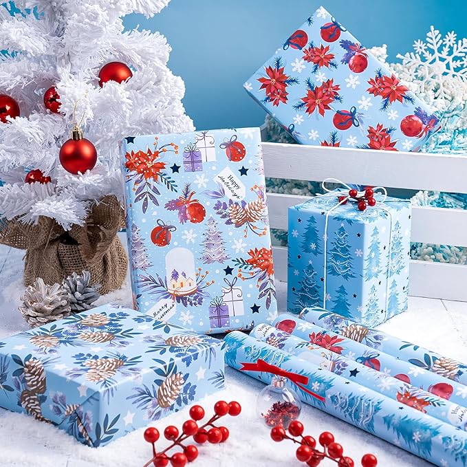 WRAPAHOLIC 30 Inch Christmas Wrapping Paper Roll - Jumbo Roll Red and Blue Snow Globe, Pinecone, Poinsettia, Christmas Tree Wrapping Paper - 4 Rolls - 30 Inch x 120 Inch Per Roll