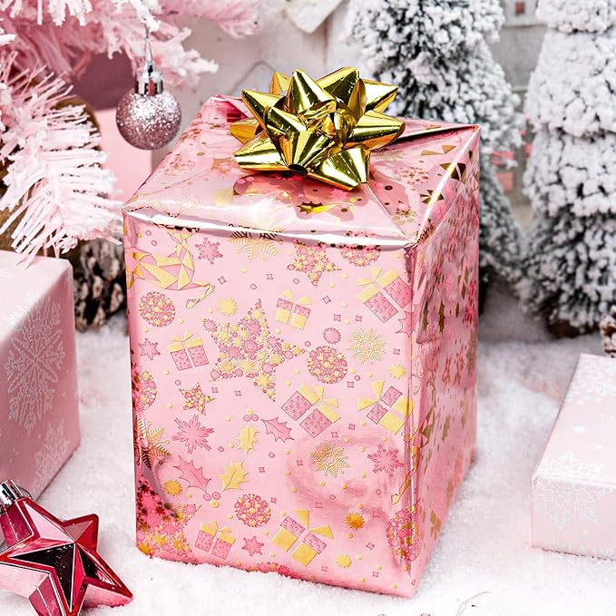 MAYPLUSS Christmas Wrapping Paper Roll - 17 Inch X 33 Feet - Gold Reindeer Star Snowflake Star Reversible HO Gift Wrapping Paper, Thick Wrap Paper for Holiday Party New Year Kids