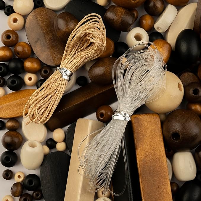 John Bead 90g Craft Beads Natural/Black/Brown/Dark Brown Wood Beads with Elastic Nylon Cord