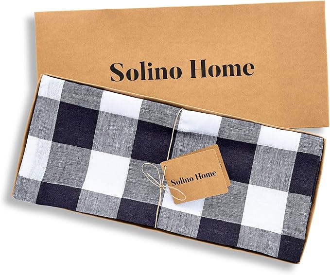 Solino Home Checkered Linen Table Runner 108 Inches Long - 100% Pure Linen Navy and White Buffalo Check Table Runner 14 x 108 Inch Ideal for Dining, Winter