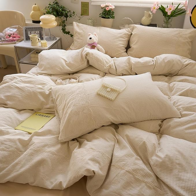 LifeTB Tan Gingham Duvet Cover Queen 3 Pieces Romantic Lace Duvet Cover Vintage Plaid Checkered Comforter Cover with 2 Pillowcases Soft Microfiber Beige Tan Grid Farmhouse Plaid Bedding Set